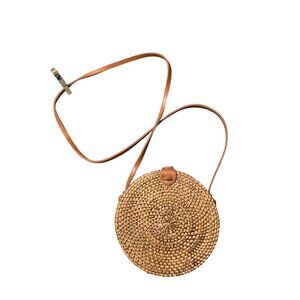 Round Rattan Boho Crossbody Bag Basket Purse Leather Strap Floral Lining